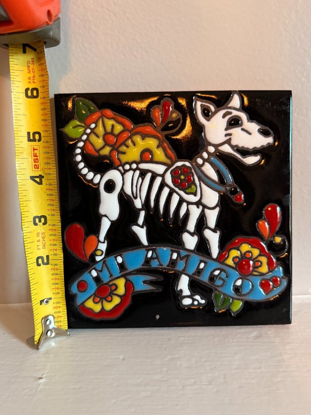 Dia de los Muertos "Mi Amigo" Skeleton Dog 6x6 Ceramic Relief Tile / Trivet